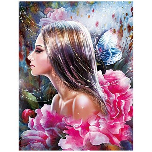 Алмазная мозаика на подрамнике (картина стразами) 30х40 Девушка с цветами и бабочкой в волосах