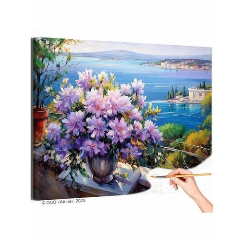 Ваза с цветами на фоне морского пейзажа Букет Природа Греция Лето Раскраска картина по номерам на холсте 40х50