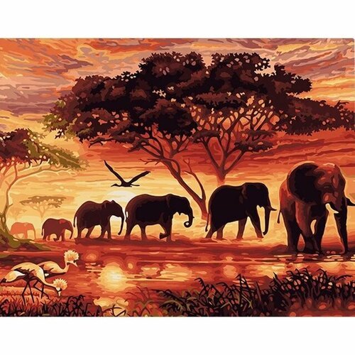 Алмазная мозаика на холсте 'Африканские слоны' 50х40 см полная выкладка круглые стразы Мадагаскария