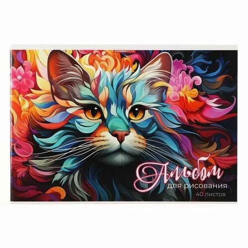 Альбом для рисования, А4 40 листов, на скрепке 'Цветочный кот', обложка мелованный картон, выб УФ-лак, блок 100г/м²
