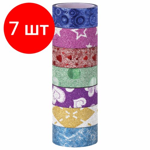 Комплект 7 шт, Клейкие ленты полимерные для декора с блестками 'узоры', 15 мм х 3 м, 7 цветов, остров сокровищ, 661718