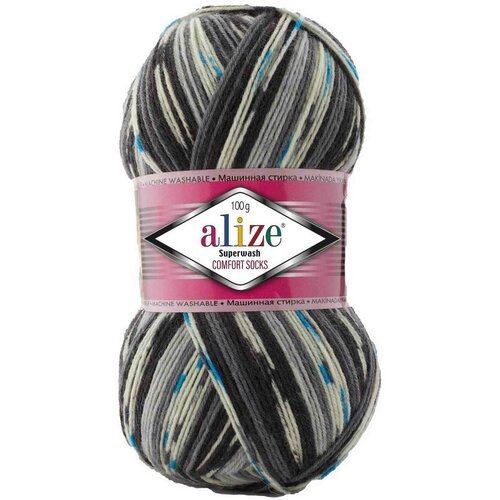 Пряжа Alize Superwash comfort socks белый-серый-черный-бирюза (7650), 75%шерсть/25%полиамид, 420м, 100г, 3шт
