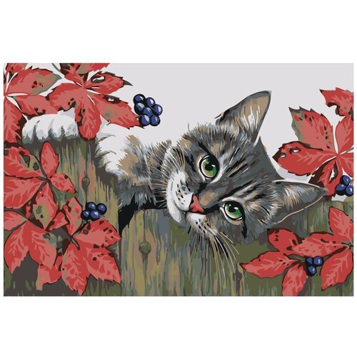 Картина по номерам, 'Живопись по номерам', 40 x 60, A127, животное, кот, забор, осень, листья, ягоды