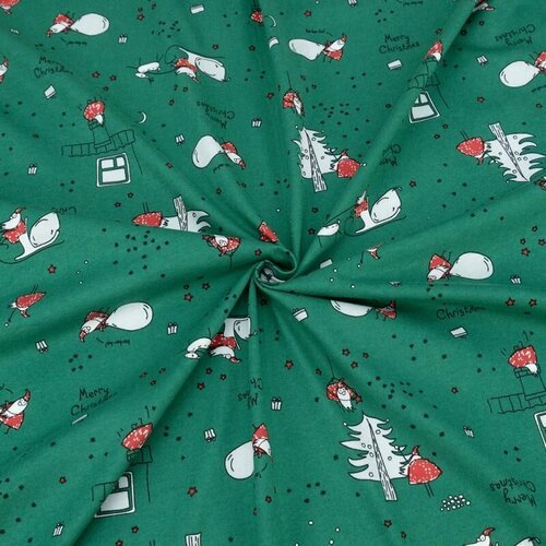 Ткань для шитья хлопок, 1 Метр ткани, Трикотаж Кулирка Карде 142 гр/м2, Отрез - 180х100 см, R4451-V4 Дед мороз с подарками цвет зеленый