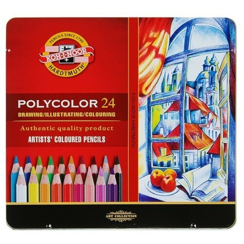 Карандаши художественные PolyColor 3824, 24 цвета, мягкие, в металлическом пенале