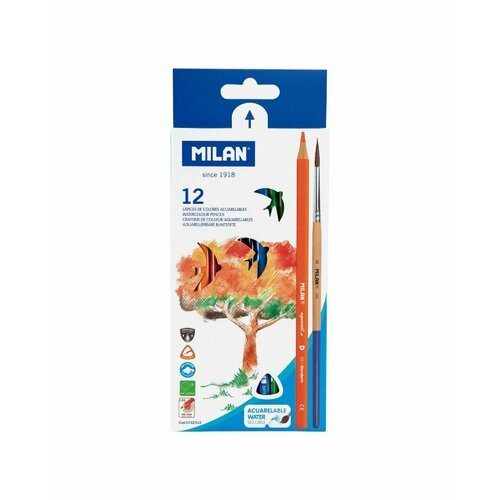 Набор акварельных карандашей MILAN трехгранные 12 цветов + кисть в картонной упаковке