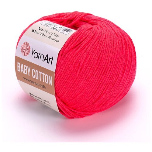 Пряжа для вязания YarnArt Baby Cotton (Бэби Коттон) - 1 моток 423 яркий коралл, для детских вещей и амигуруми, 50% хлопок, 50% акрил, 165 м/50 г