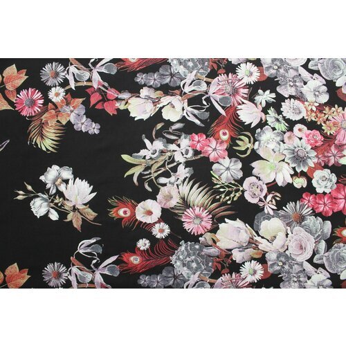 Ткань Вискоза плательная цветы (кайма) на чёрном фоне, ш144см, 0,5 м