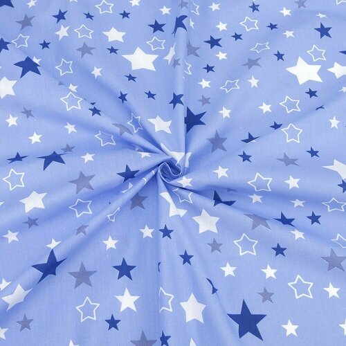 Ткань для шитья хлопок, 1 Метр ткани, Поплин 115 гр/м2, Отрез - 150х200 см, № 2258/1 Звездочки цвет голубой