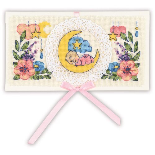 Риолис Набор для вышивания конверт С рождением малыша 1893АС, разноцветный, 1 шт., 16 х 9 см