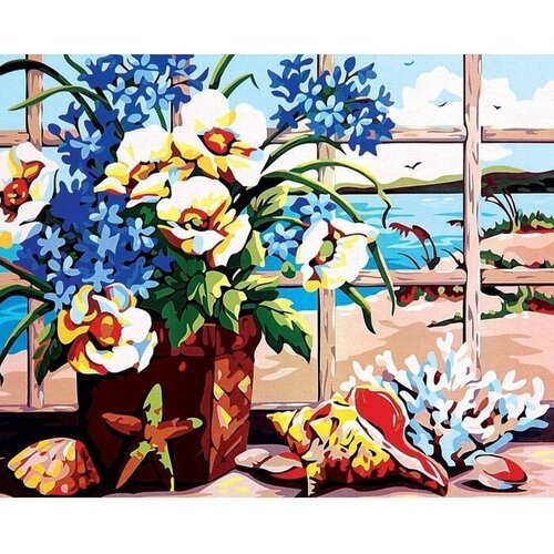 Ная мозаика на подрамнике с полным заполнением Цветы у окна, 40 x 50 см