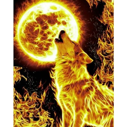 Алмазная мозаика на холсте с подрамником (картина круглыми стразами) 30х40 Огненный волк на фоне луны