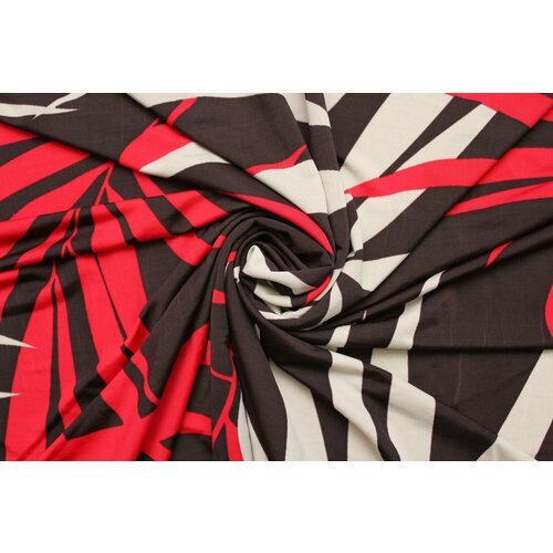 Ткань Трикотаж-стрейч красные и бежево-серые листья на коричневом, ш148см, 0,5 м