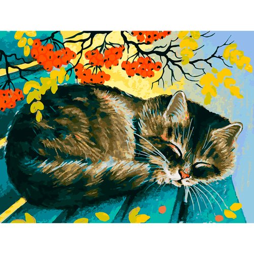 Картина по номерам Белоснежка 'Осенний сон' / Раскраска / Холст на подрамнике 30х40 см. / Домашние животные / Кот