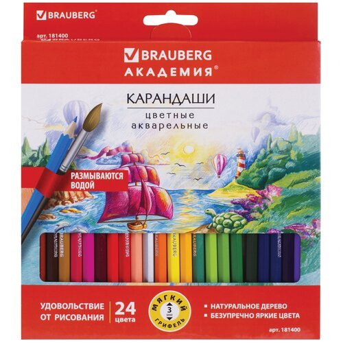 BRAUBERG Карандаши цветные акварельные Академия 24 цвета, 181400, комплект 20 шт., 24 шт.