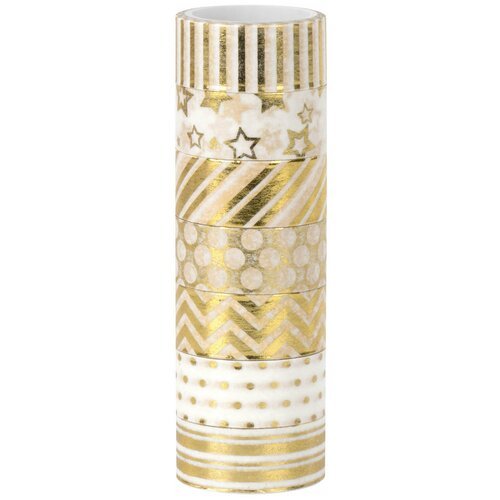 Клейкие WASHI-ленты для декора с фольгой золотистые, 15 мм х 3 м, 7 шт, рисовая бумага, остров сокровищ, 661712