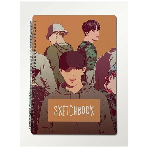 Скетчбук блокнот, А4 крафт-бумага, 50 листов с деревянной обложкой музыка BTS (БТС, кейпоп, k-pop, Корея) - 3043