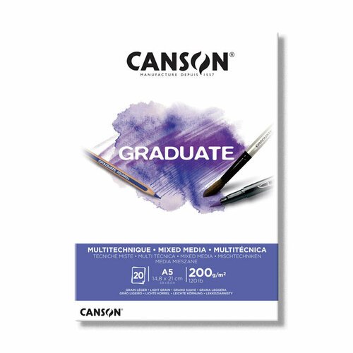 Canson Склейка 'Graduate', Mix media, по короткой, белый 20л, A5, 200г/м2, среднезернистая