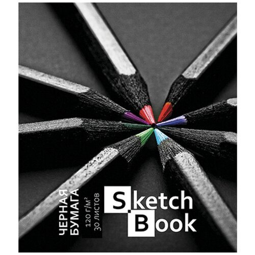 Скетчбук, черная бумага 120 г/м2, 170х195 мм, 30 л, гребень, цветная фольга, твин лак, 'Карандаши', 098658