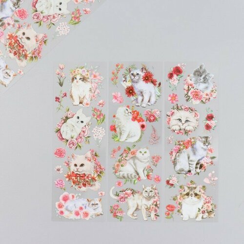 Наклейки для творчества 'Белые котики и розовые цветы' набор 6 листов 18х6 см