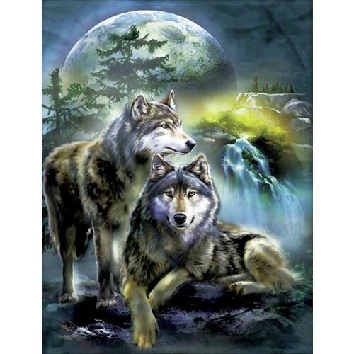 Алмазная мозаика 30х40 Два волка на фоне водопада и луны на холсте с подрамником / Картина стразами