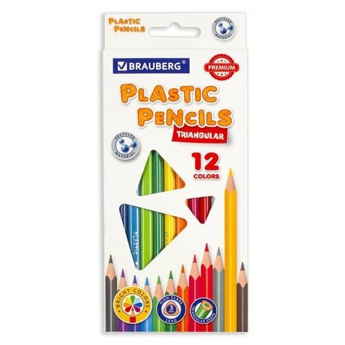 Карандаши цветные пластиковые BRAUBERG PREMIUM, 12 цветов, трехгранные, грифель мягкий 3 мм, 181661 2 уп