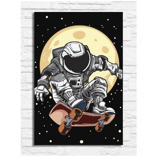Картина по номерам на холсте Космический скейтбордист (космос, космонавт, луна) - 9077 В 20x30